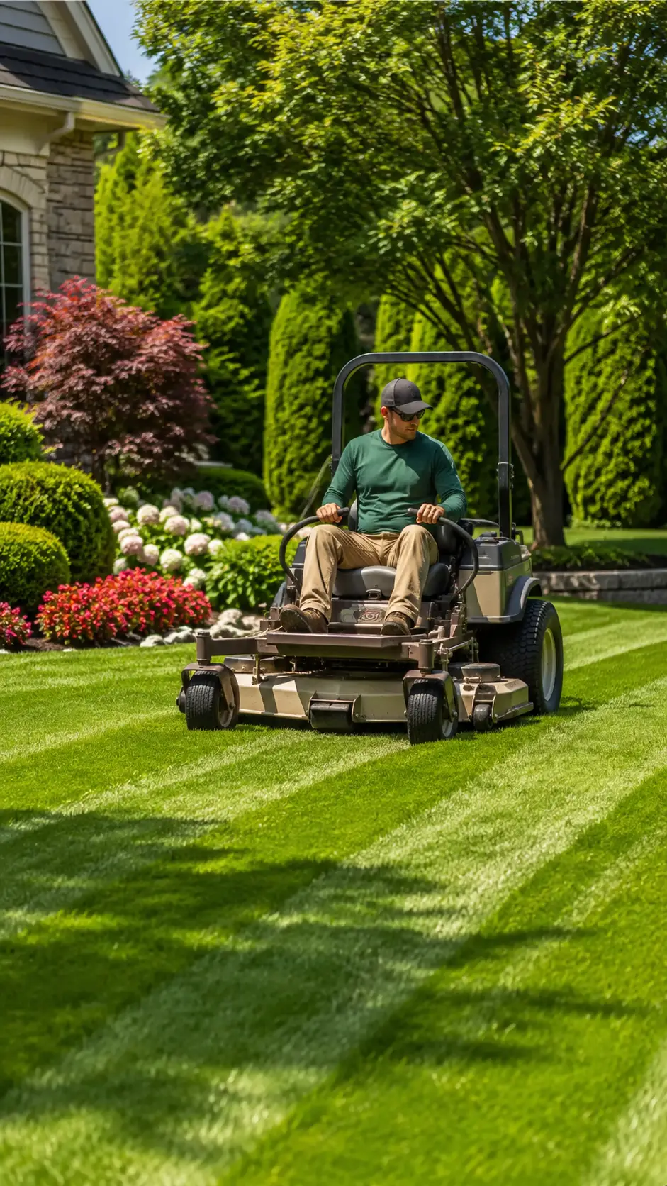 Zero turn mower on a green lawn